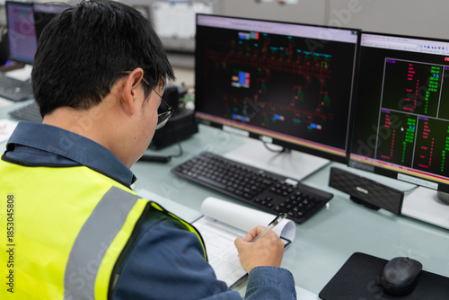 Φωτογραφία Electrical engineer verifying recorded operational data by crosschecking written logs with control screens inside power facility, ensuring accuracy, validation, and reliable electricity distribution