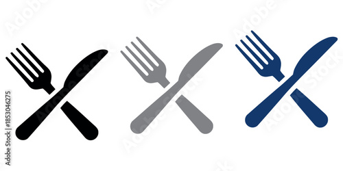 Collection of crossed fork and knife icons in black, gray, and blue for dining and restaurant themes