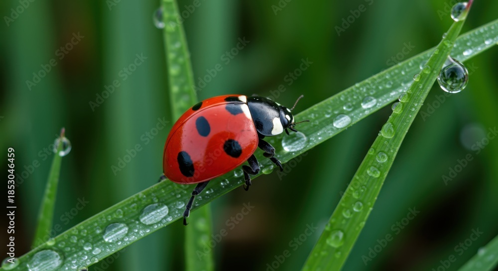 Fototapeta premium Vibrant red insect rests upon dewy green blade of grass in close up