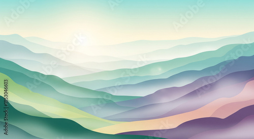 Dreamy Nature Scenery Background with Misty Hills and Soft Light