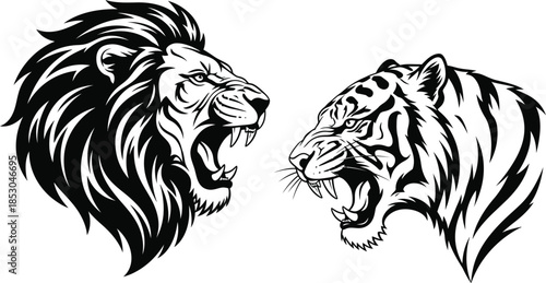 Roaring lion and tiger facing each other in black and white