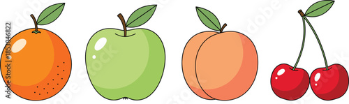 Fresh fruits vector illustration set with orange green apple peach and cherry isolated on white background