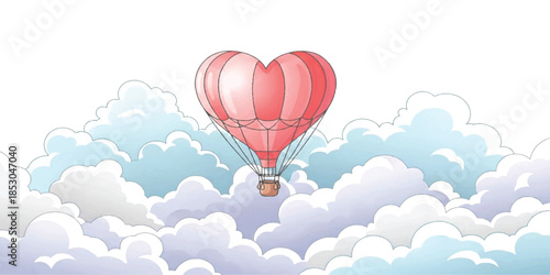 A pink heart-shaped hot air balloon floating above fluffy white clouds in a dreamy sky.