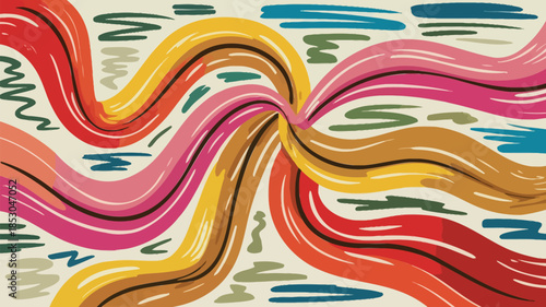 Vibrant gradient waves in red, orange, pink, and yellow hues with dynamic curved lines and abstract background