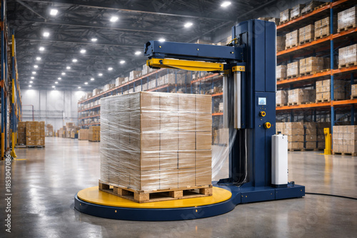 Industrial  packaging machine for pallet wrapping in a modern logistics center warehouse