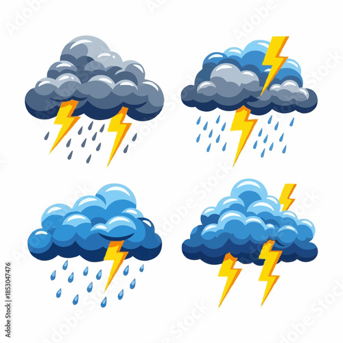 Set of four stormy clouds with lightning bolts and rain streaks, depicting different intensities of a thunderstorm, isolated on a white background for weather illustration