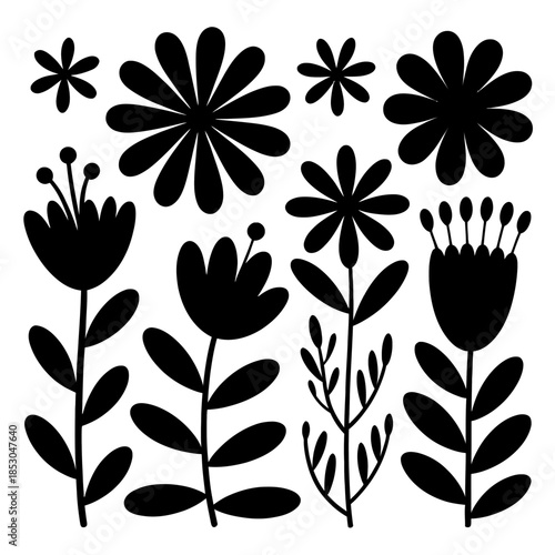 A collection of various stylized black flowers arranged in a bold silhouette.