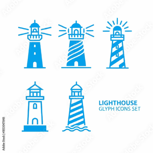 Collection of diverse lighthouse glyph icons, perfect for maritime navigation, coastal safety, and nautical themed design projects, symbolizing guidance and security