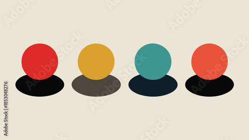 Four minimalist profile icons in red, yellow, teal, and orange on dark bases, arranged horizontally on beige background for user interface