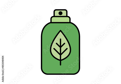 Frasco de spray ecológico de color verde con icono de hoja natural para productos orgánicos
