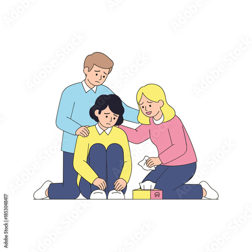 Supportive friends comforting a sad girl on the floor