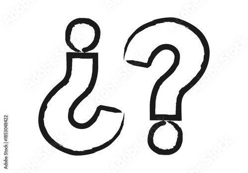 Signos de interrogación de apertura y cierre dibujados a mano en color negro sobre fondo blanco en trazo de pincel 