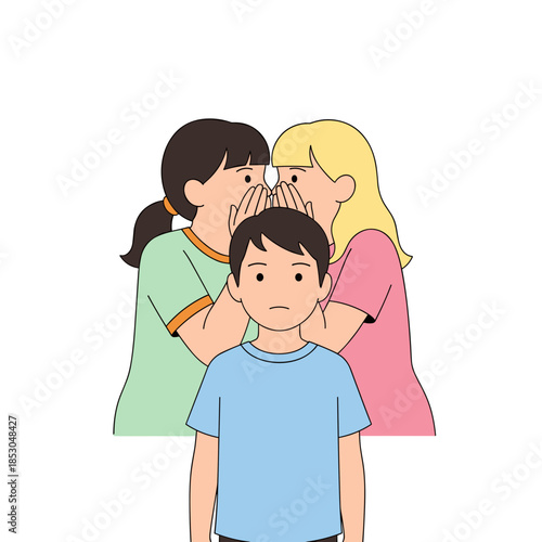 Group of girls whispering while boy looks sad, concept of Bullying & Social Exclusion  