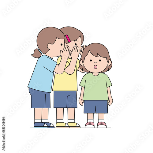 Two girls whispering to a friend while she looks surprised