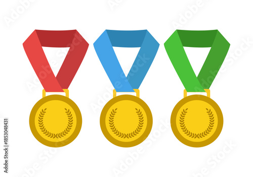 Tres medallas de oro con cintas de colores rojo azul y verde sobre fondo blanco