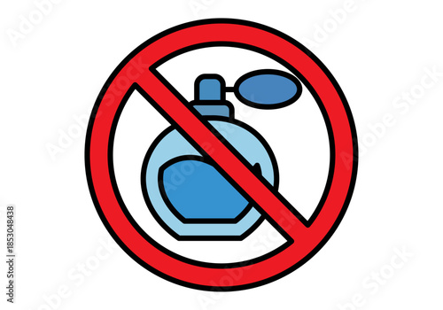 Señal de prohibido el uso de perfumes o fragancias con un frasco azul tachado en rojo o sin fragancias