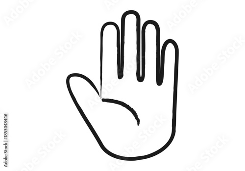 Contorno  en trazo de pincel de mano humana abierta en gesto de parada o saludo sobre fondo blanco