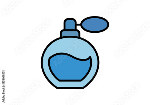 Frasco de perfume azul con atomizador de estilo retro sobre fondo blanco