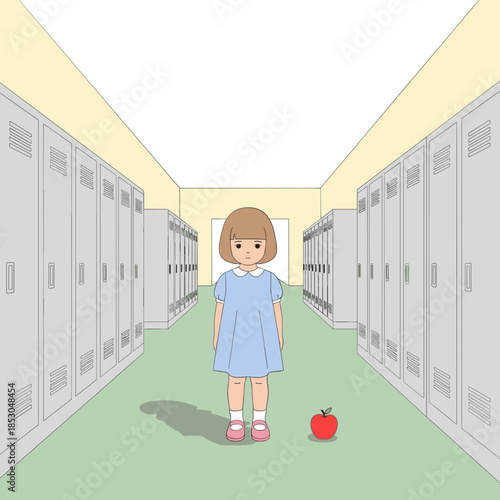 Girl standing alone in school hallway with apple on the floor, concept of Bullying & Social Exclusion  