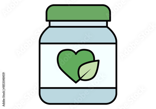 Frasco de suplemento natural con etiqueta de corazón y hoja verde para conceptos de salud y bienestar
