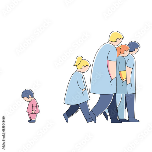 Group of people walking away from sad child, concept of Bullying & Social Exclusion  