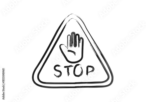 Señal de advertencia triangular con mano y texto stop en trazo de carboncillo