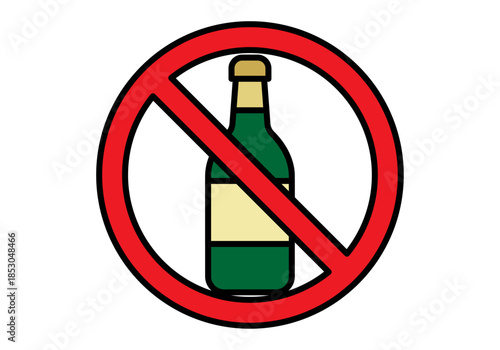 Señal de prohibido el consumo de alcohol con botella dentro de un círculo rojo