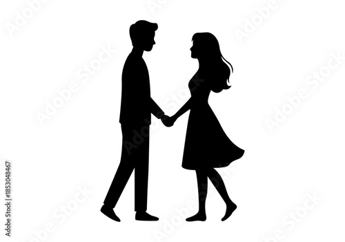 Silueta negra de una pareja joven cogida de la mano sobre fondo blanco