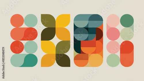 A set of four minimalist geometric patterns with colorful shapes and circles in modern design aesthetic for creative projects and backgrounds