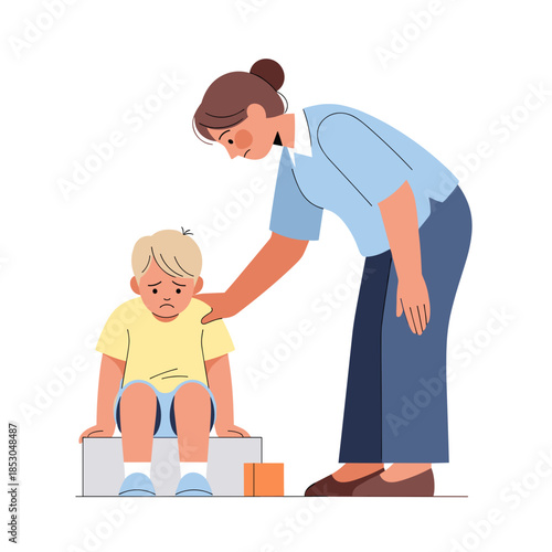 Woman comforting sad boy sitting on a box in a supportive setting 