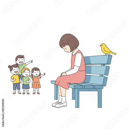 Girl sitting alone on bench while being bullied by classmates  