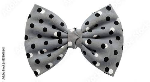 Stylish gray bow tie with black and white polka dots on transparent background.