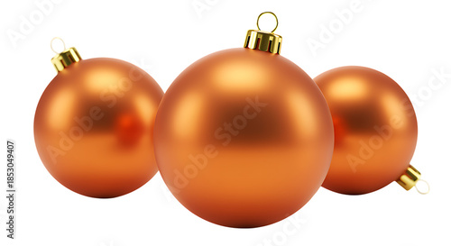 Three shimmering orange christmas ornaments with golden tops on transparent background.
