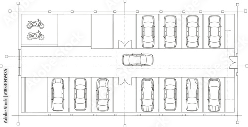 Underground parking garage floor plan illustration with car and motorcycle spaces, traffic lanes, entrances, and architectural layout for building design