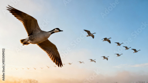 V-shaped flock of migrating birds flying across soft blue sky, serene composition. wildlife magazines, conservation campaigns, designed for wildlife conservation campaigns.