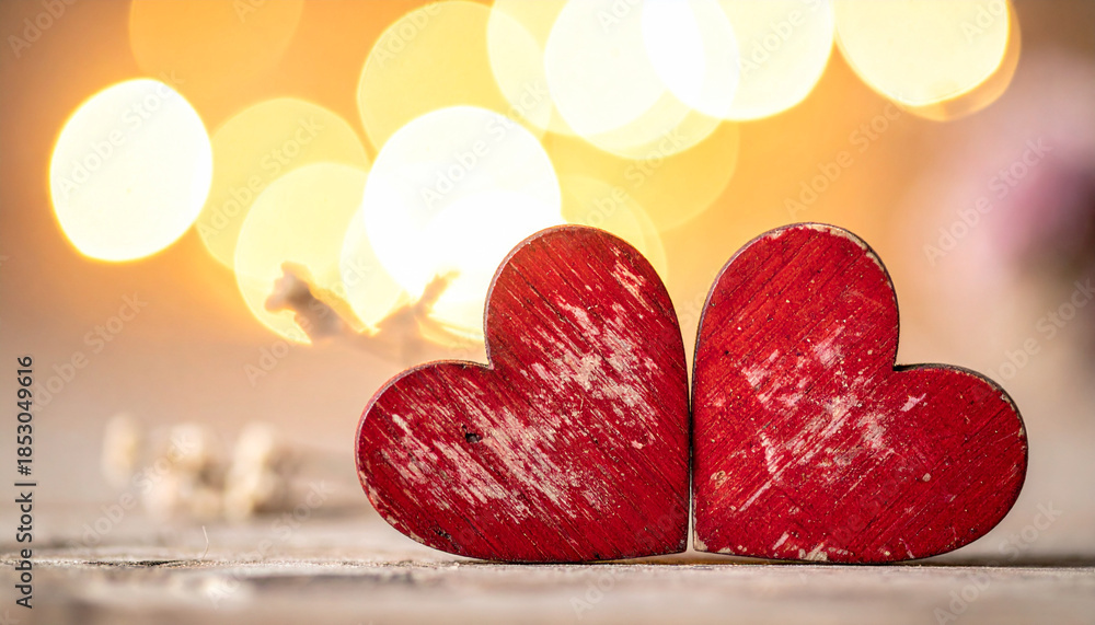 Obraz premium Two rustic red wooden hearts side by side with soft bokeh lights in the background