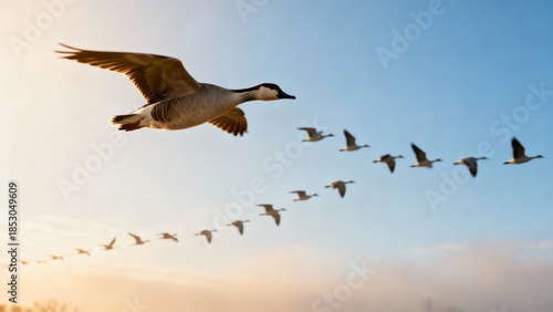 V-shaped flock of migrating birds flying across soft blue sky, serene composition. wildlife magazines, conservation campaigns, designed for wildlife conservation campaigns.