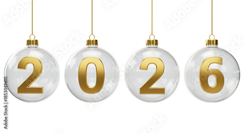 Four decorative christmas ornaments displaying the numbers 2026 on transparent background.