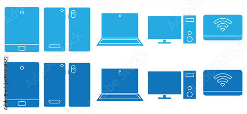 A collection of icons related to electronics and devices. Line icons of computers, mobile phones, laptops, tablets, televisions, and hardware vector signs, isolated on a transparent background, vector