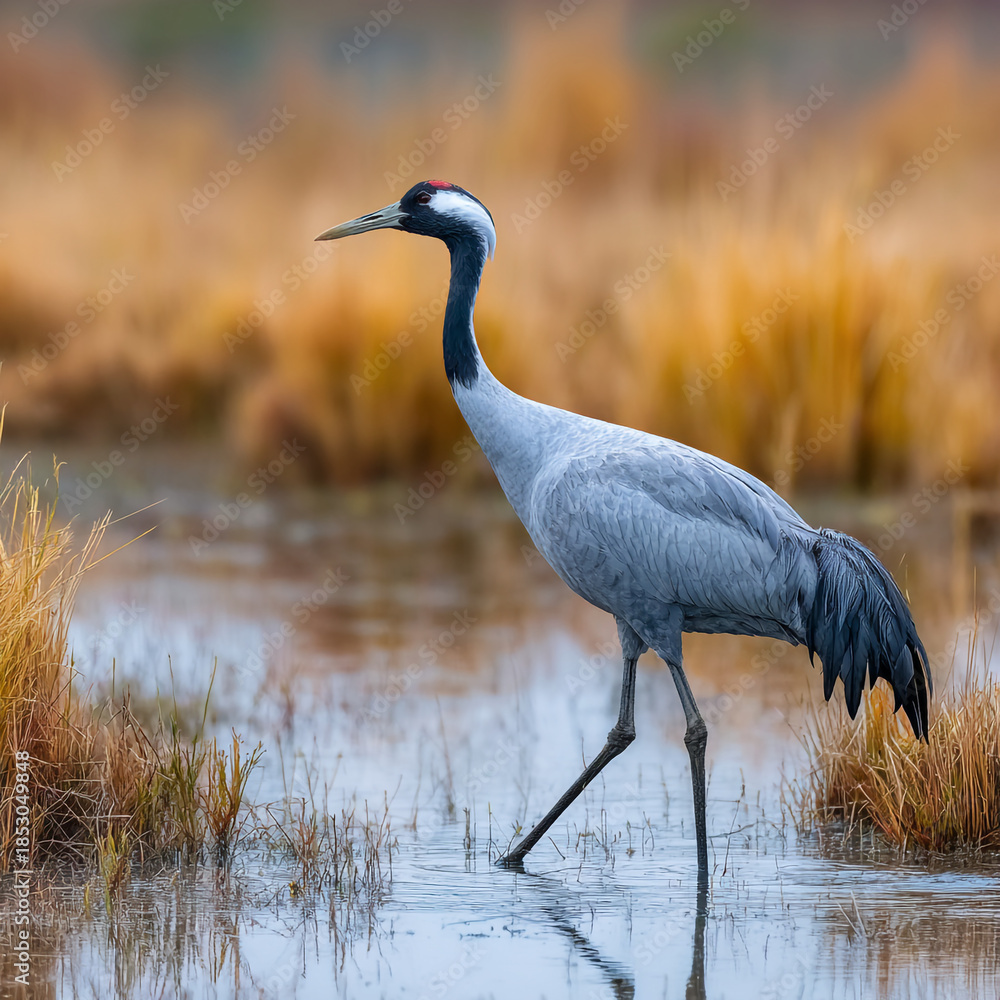 Obraz premium Majestic Common Crane Walking Through Shallow Water in Autumn Marshland
