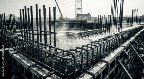 footage of ferrock concrete curing inside reinforced beam forms on expansive construction site under bright daylight.