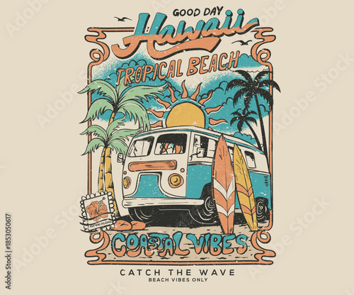 Hawaii Aloha beach modern abstract art. Hawaii beach surfing club. Beach bus artwork. Welcome to Hawaii paradise. Palm tree sketch. Summer vibes graphic print design.