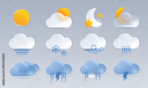 Glass weather icons with glassy sun, clouds and crescent for forecast app UI, climate widget minimal meteorology design in glossy neumorphism style. Temperature, rain and wind translucent vector set