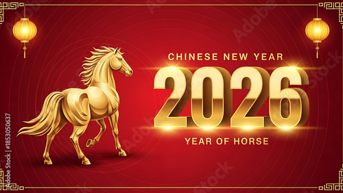 Chinese new year 2026 golden horse on red background with lanterns