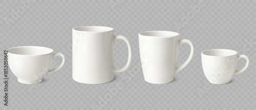 Ceramic cup for coffee and tea branding. White realistic mug 3D template. Glossy cups with reflection for logo, packaging and illustration. Vector isolated set