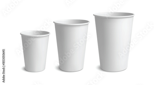 3D disposable paper cups for takeaway coffee and tea, clean white template for cafe branding or fast food packaging mockup. Realistic vector set for label design or menu advertising