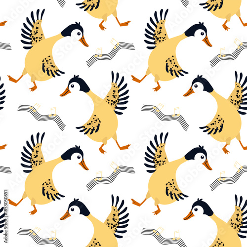 Seamless pattern of cute dancing ducks, with fluffy feathers, music, notes, in textured style, soft pastel colors, isolated on white background. Vector