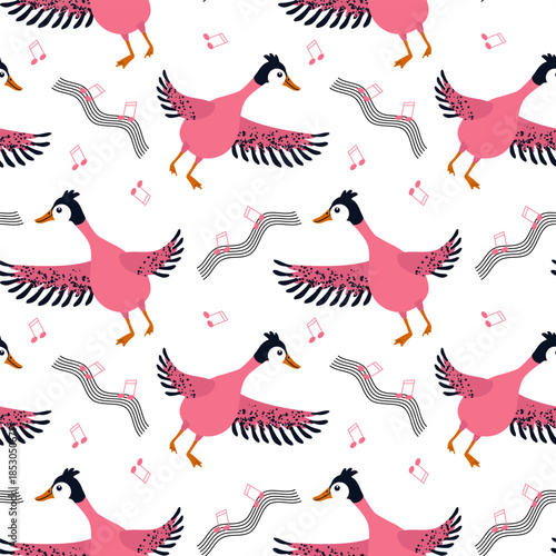 Seamless pattern of cute dancing ducks, with fluffy feathers, music, notes, in textured style, soft pastel colors, isolated on white background. Vector