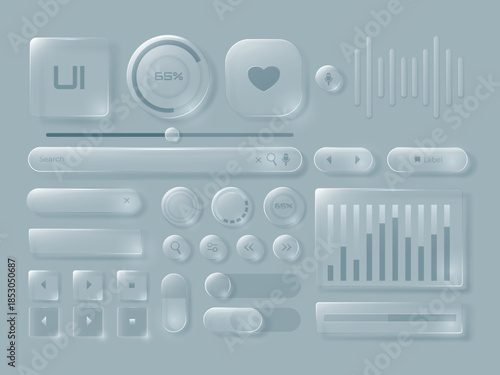 Glass UI interface with transparent panels and toggle controls, buttons and sliders for app dashboard template. Vector neumorphism set of translucent elements for voice playback, media player