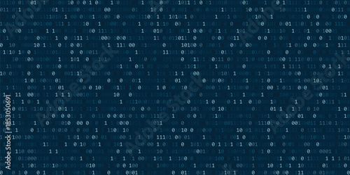 Binary code data stream with encrypted numbers and blue neon glow for cyber security, network technology and futuristic abstract background. Hacking concept, AI algorithm, virtual dark matrix grid